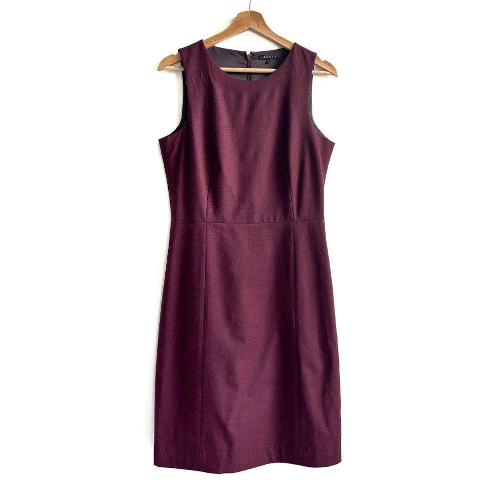 Theory Wool Fitted Sleeveless Knee Length Dress Elegant Burgundy Maroon Size 6